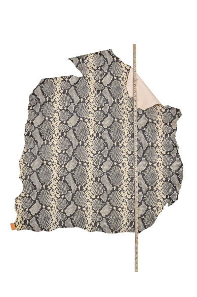 Python textured leather skin, grey black reptile printed goatskin, SNAKE pattern on soft semiglossy hide