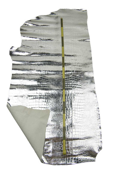 Pelle stampa COCCODRILLO argento, vitello metallizzato motivo ANIMALIER, pelle per artigiani