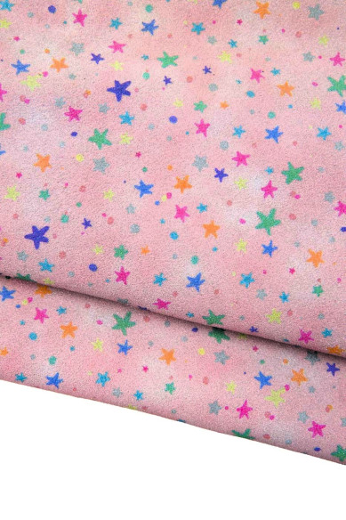 Pelle stampa STELLE colorate, vitello SCAMOSCIATO rosa motivo stella multicolor, pelle glitter per fai da te