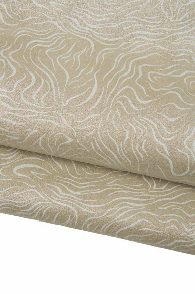 GLITTER SUEDE leather hide, beige white metallic ZEBRA textured cowhide, bright printed calfskin for hobbyists