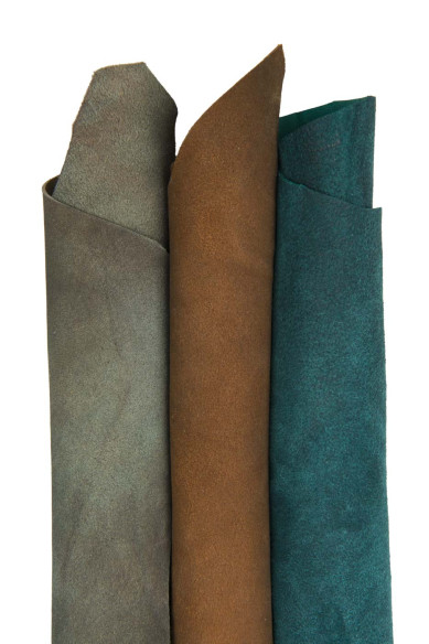 Stock di 3 pelli di CAMOSCIO effetto vintage - CONSUMATO, pellami scamosciati sfumati, lotto come da foto