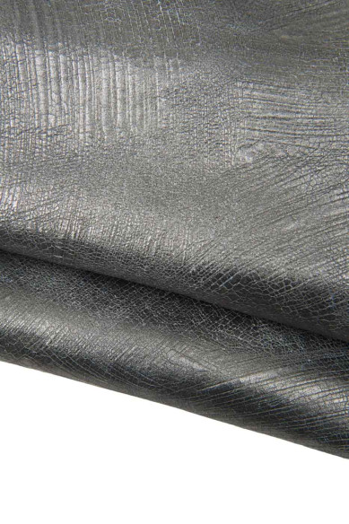 Steelmetal leather hide, CRACKLED METALLIC cowhide, dark grey sporty soft calfskin  1.3 - 1.4 mm