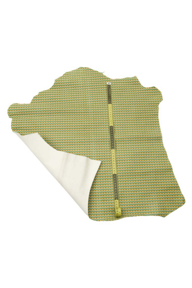 GEOMETRIC printed leather skin, green - yellow - white zig zag / WAVE print on soft matt goatskin hide for crafters