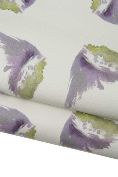 Pelle STAMPATA motivo astratto viola verde su base bianco, pellame capra con GRANA semi lucida, morbidezza media
