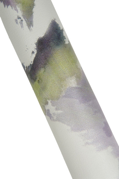 Pelle STAMPATA motivo astratto viola verde su base bianco, pellame capra con GRANA semi lucida, morbidezza media