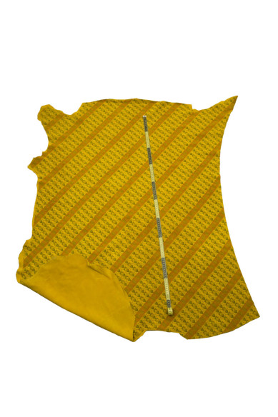 Yellow leather hide, ROCKET print on soft SUEDE calfskin, unique unusual cowhide for crafters