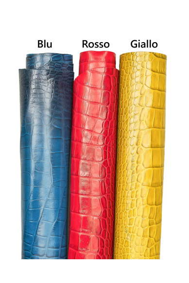 Pelle COCCODRILLO rosso giallo blu, vitello stampato alligatore, pelle morbida anche per abbigliamento