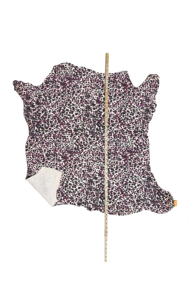 Pelle stampa GHEPARDO rosa/nero su base bianca, capra SCAMOSCIATA disegno animalier, pellame morbido