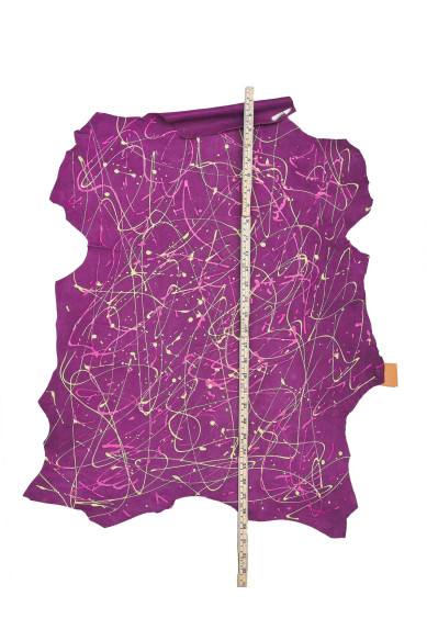 Pelle viola - verde DECORATA a mano, capra scamosciata stampa schizzo - POLLOCK, pellame unico per hobbisti