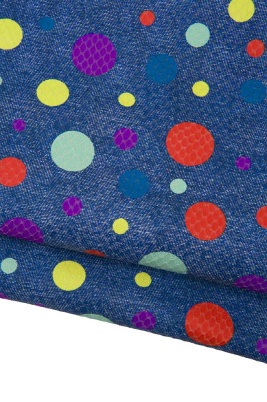 Multicolor polka DOTS textured leather skin, colorful circles print on blu JEANS base goatskin hide for crafting B12787-DM