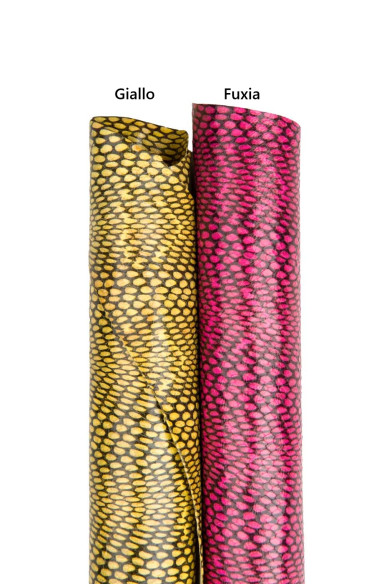 Pelle stampa RETTILE fuxia, giallo, capra morbida motivo SERPENTE, pellame morbido per fai da te