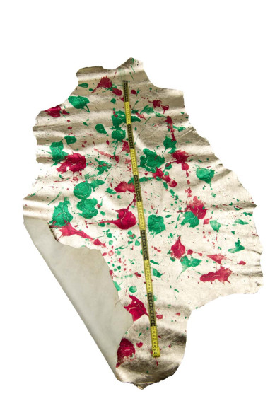 UPCYCLED luxurious metallic glittered leather skin, light gold goatskin - green / red SPLASH print, soft hide
