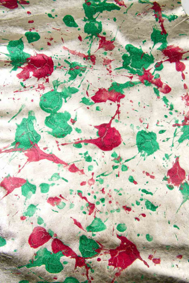 UPCYCLED luxurious metallic glittered leather skin, light gold goatskin - green / red SPLASH print, soft hide
