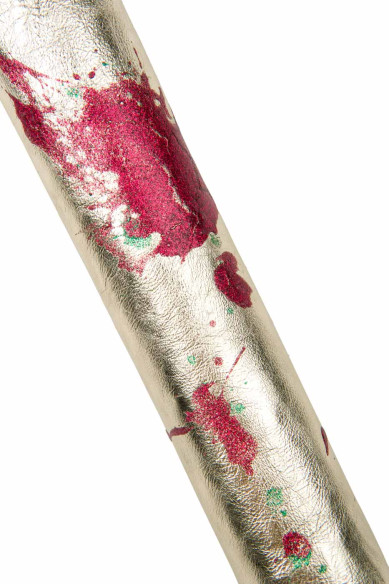 Pelle pregiata LAMINATA GLITTERATA, capra metallizzata platino stampa schizzo verde - rosso, pellame morbido