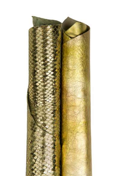 2 pelli oro - verde abbinate come da foto, capra LAMINATA e vitello metallizzato stampa PITONE