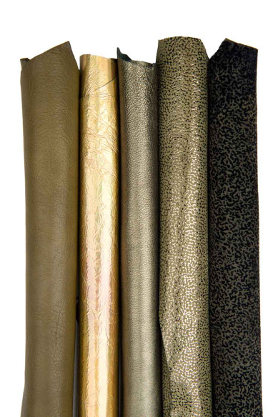 BUNDLE of 5 combined leather skins, military green, brown, bronze metallic PRINTED goatskins, ideal for crafters