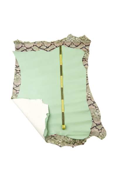 SET of 2 pastel GREEN leather skins, solid color nappa sheepskin + snake python printed goastkin, as per picture