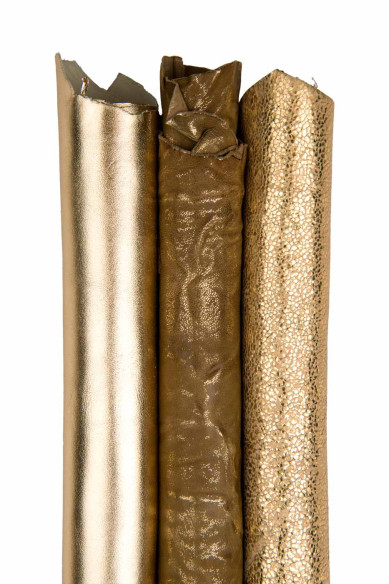Set di 3 pelli PLATINO beige, pellami sportivi, laminati, stampati, capre morbide METALLIZZATE qualità top