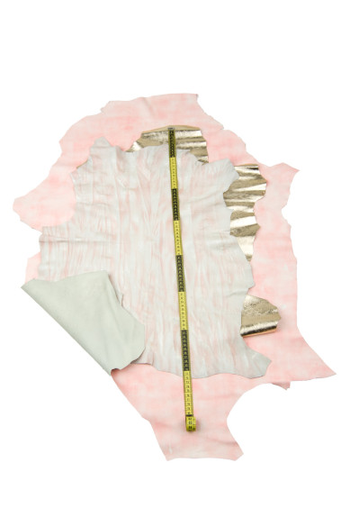 Lotto di 3 pelli ROSA e platino, assortimento pellami LAMINATI e stampati abbinati come da foto