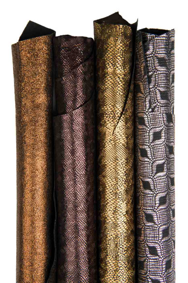 LOTTO di 4 pelli laminate come da foto - pellami METALLIZZATI morbidi in varie stampe - per hobbisti