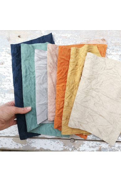 7 selected leather scraps, suede remnants wrinkled effect, pastel colors palette as per picture