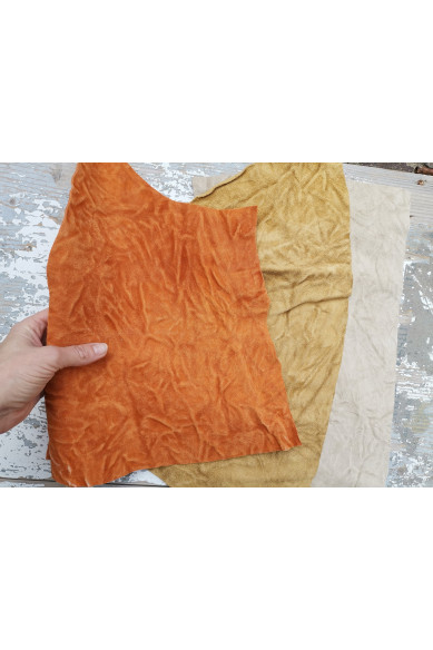 7 selected leather scraps, suede remnants wrinkled effect, pastel colors palette as per picture