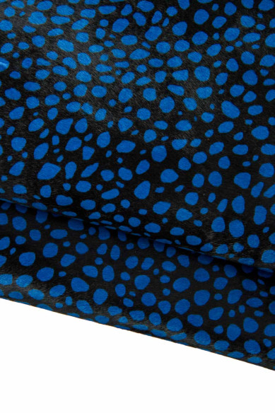 ANIMAL printed pony calfskin, blue - black LEOPARD textured hair on leather hide, cheetah pattern on cowhide