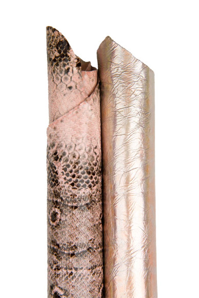 2 PINK big matching leather skins, as per picture: holographic metallic goatskin, python reptile printed skin for HOBBYISTS