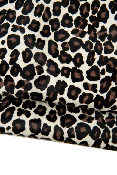 LEOPARD printed hair on leather hide, brown - black cheetah texture on cream PONY calfskin, cowhide for crafting