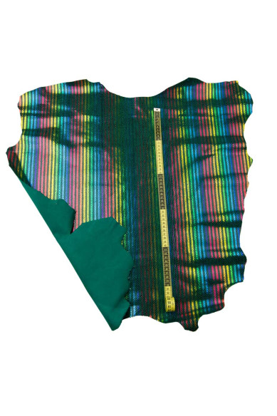 Pelle stampa RIGHE multicolor, pellame rigato verde petrolio, capra motivo pitone disegno ARCOBALENO laminato