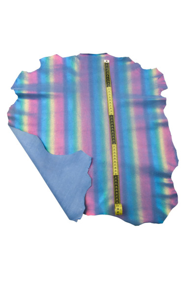Pelle laminata MULTICOLOR, capra scamosciata celeste stampa a RIGHE colorate, pellame arcobaleno per il fai da te