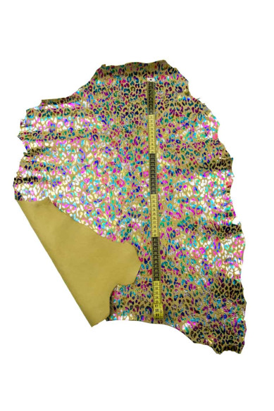 Pellame LEOPARDATO MULTICOLOR, capra scamosciata giallo tenue con stampa animalier ghepardo, pelle morbida vivace