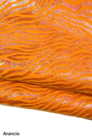 Pelle stampa ZEBRA OLEOGRAFICA, camoscio verdone, rosso, arancio metallizzato iridescente per fai da te