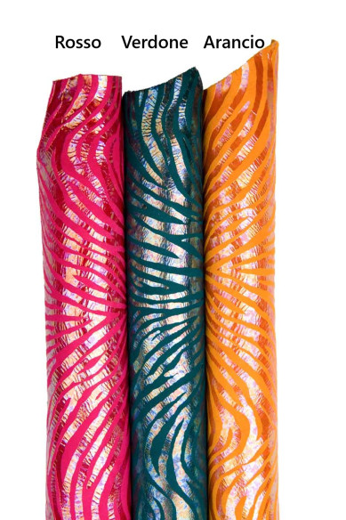 Pelle stampa ZEBRA OLEOGRAFICA, camoscio verdone, rosso, arancio metallizzato iridescente per fai da te