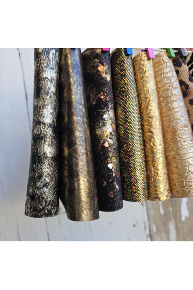 10 Gold and bronze printed leather scraps SELECTED selection, zebra, cheetah, python floral and abstract offcuts  6x5"/ 15x12 cm