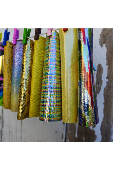 10 Colorful and bright printed leather scraps SELECTED selection, YELLOW tone, various prints, leather offcuts  6x5" / 15x12 cm