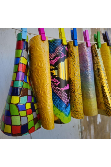 10 Colorful and bright printed leather scraps SELECTED selection, YELLOW tone, various prints, leather offcuts  6x5" / 15x12 cm