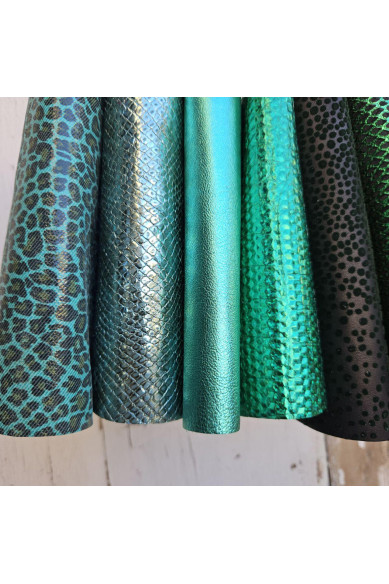 10 Colorful and bright printed leather scraps SELECTED selection, GREEN tone, various prints, leather offcuts  6x5" / 15x12 cm