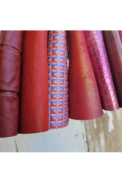 10 Colorful and bright printed leather scraps SELECTED selection, FUCHSIA RED, various prints, leather offcuts  6x5" / 15x12 cm