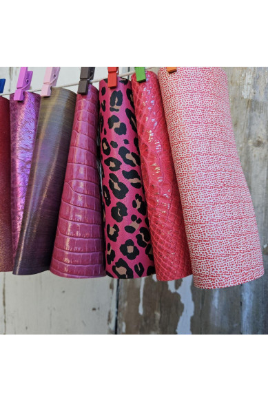 10 Colorful and bright printed leather scraps SELECTED selection, FUCHSIA RED, various prints, leather offcuts  6x5" / 15x12 cm