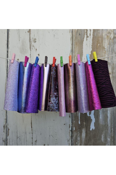 10 Colorful and bright printed leather scraps SELECTED selection, PINK PURPLE, various prints, leather offcuts  6x5" / 15x12 cm