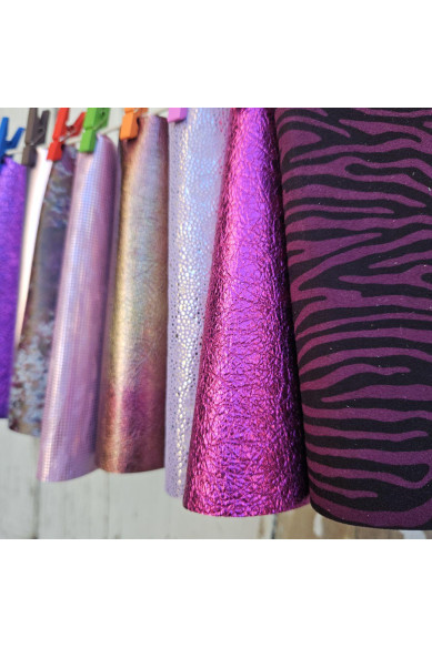 10 Colorful and bright printed leather scraps SELECTED selection, PINK PURPLE, various prints, leather offcuts  6x5" / 15x12 cm