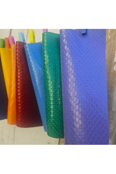 10 Colorful Printed Leather Scraps RANDOM selection, bright and solid colors, PYTHON  printed leather scraps  6x5" / 15x12 cm