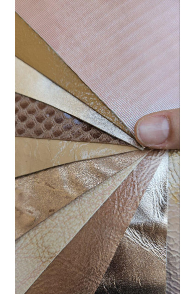 10 Ritagli di pelle stampati colorati, ROSA MARRONE, scampoli di pellami laminati e non, stampe varie, come da foto 15x12 cm