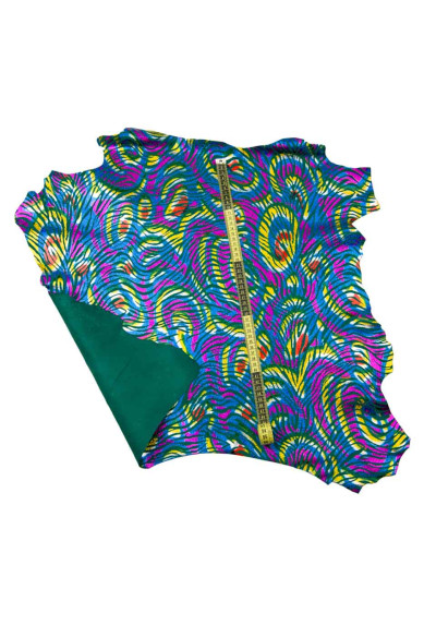 IRIDESCENT multicolor ZEBRA printed leather skin, colorful metallic animal print on green suede goatskin