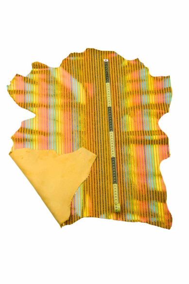 Pellame RIGATO multicolor, pellame a righe giallo, capra motivo pitone disegno ARCOBALENO metallizzato