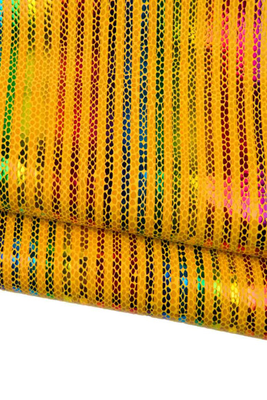 Pellame RIGATO multicolor, pellame a righe giallo, capra motivo pitone disegno ARCOBALENO metallizzato