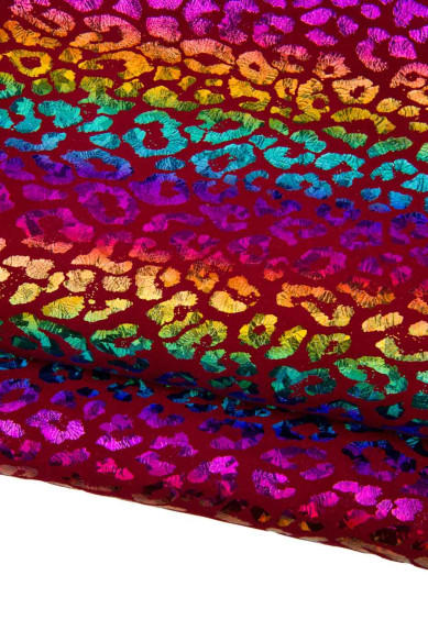 Pellame oleografico ANIMALIER, capra scamosciata laminata stampa LEOPARDO, pellame bordeaux motivo multicolor
