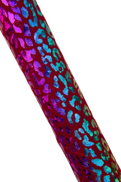 Pellame oleografico ANIMALIER, capra scamosciata laminata stampa LEOPARDO, pellame bordeaux motivo multicolor