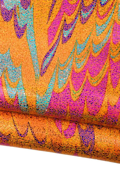 Multicolor IRIDESCENT leather skin, metallic CRACKLE pattern on orange goatskin, holographic bright hide
